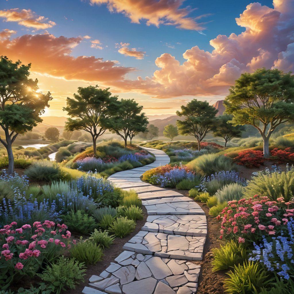 A serene landscape featuring a winding pathway representing a journey, flanked by symbols of cancer care such as research labs, medical staff, and supportive families, under a hopeful sunrise. Include soothing colors with an emphasis on greens and blues to evoke healing and progress. super-realistic. vibrant colors. 3D.