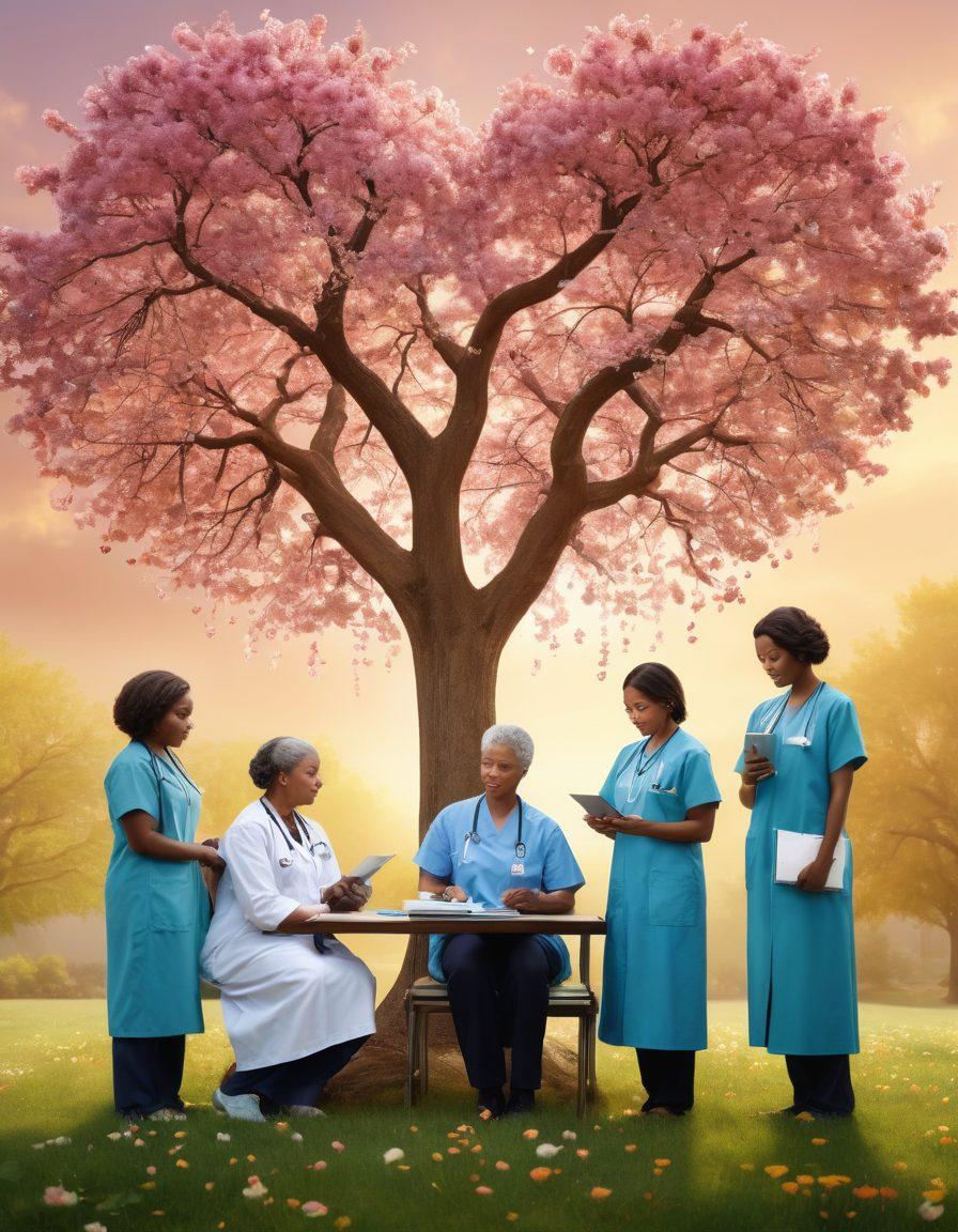 A serene and hopeful scene depicting a diverse group of patients and healthcare professionals engaging in supportive interactions, surrounded by symbols of strength like a blooming tree and light emanating from a heart. Include visual elements that represent resources like brochures and digital tablets, with soft, warm colors to evoke a sense of empowerment and care. super-realistic. vibrant colors. soft lighting.