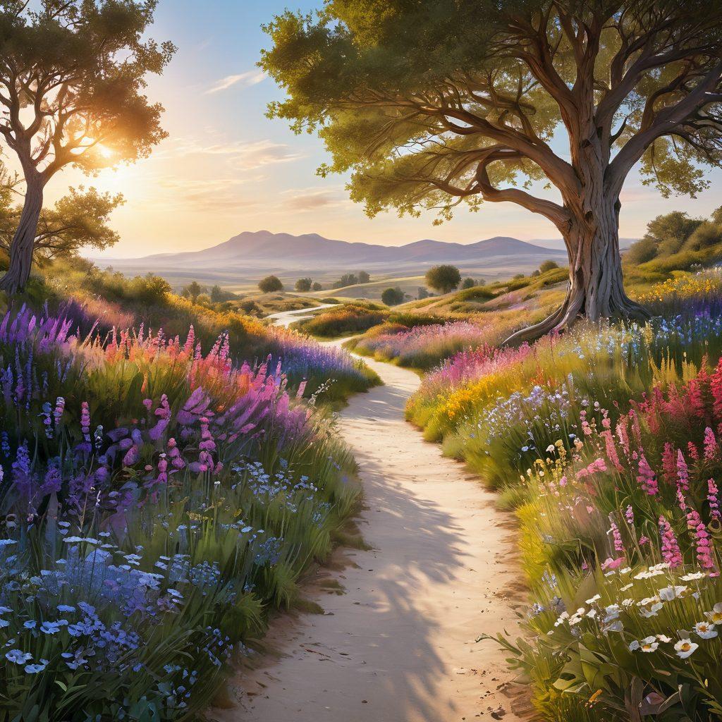 A serene landscape illustrating a journey through various treatment options for cancer, featuring a winding path leading through vibrant wildflowers representing chemotherapy, a glowing tree symbolizing immunotherapy, and a distant horizon showcasing futuristic treatment methods. Soft sunlight filtering through the leaves adds warmth and hope. super-realistic. vibrant colors. serene tone.